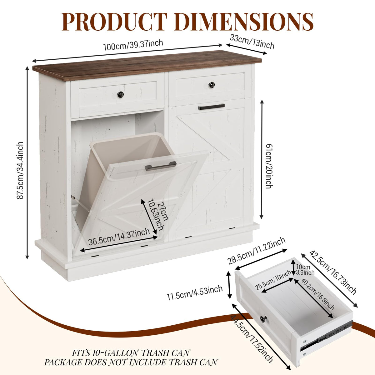 20 Gallon Wooden Tilt Out Trash Can Cabinet with 2 Drawers W7087