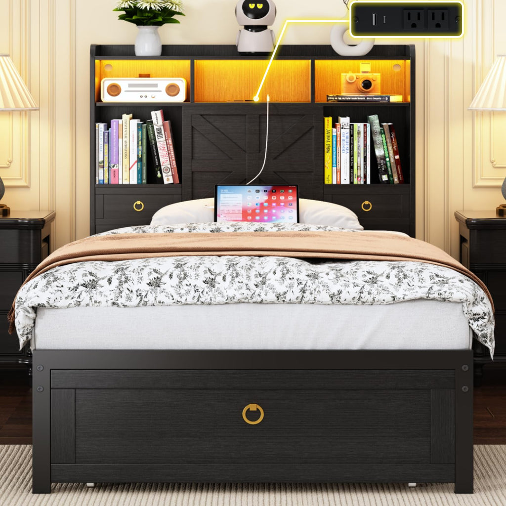 Black Twin Bed Frame with Storage Headboard and Drawers Z721903