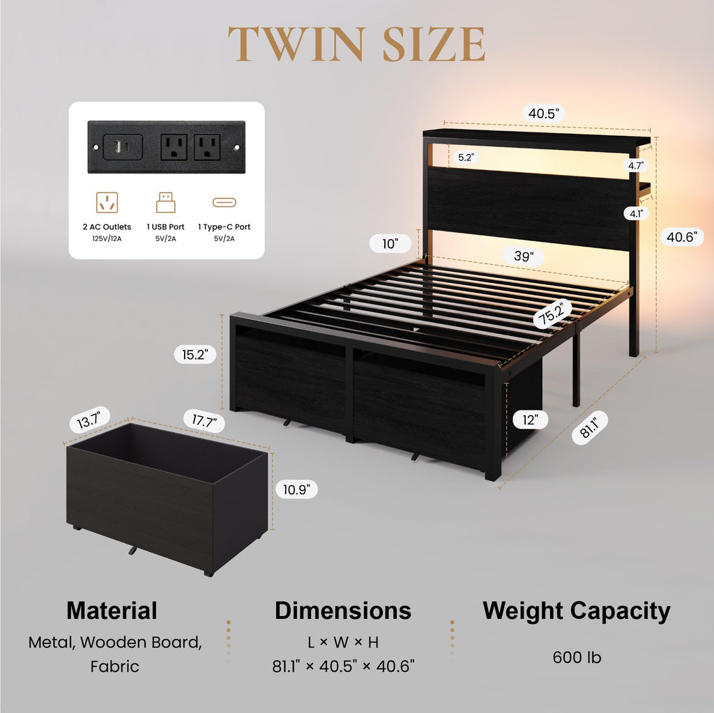 Twin LED Bed Frame with 2 Storage Drawers Y906524