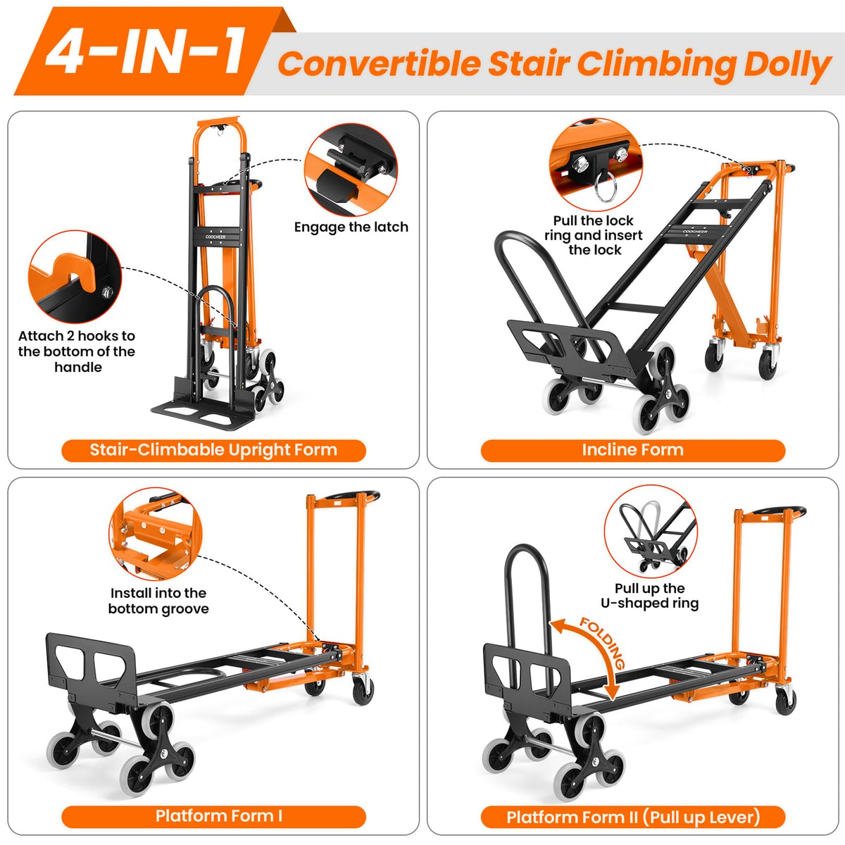 Heavy Duty 1000 LBS 4-in-1 Convertible Steel Hand Truck D1443