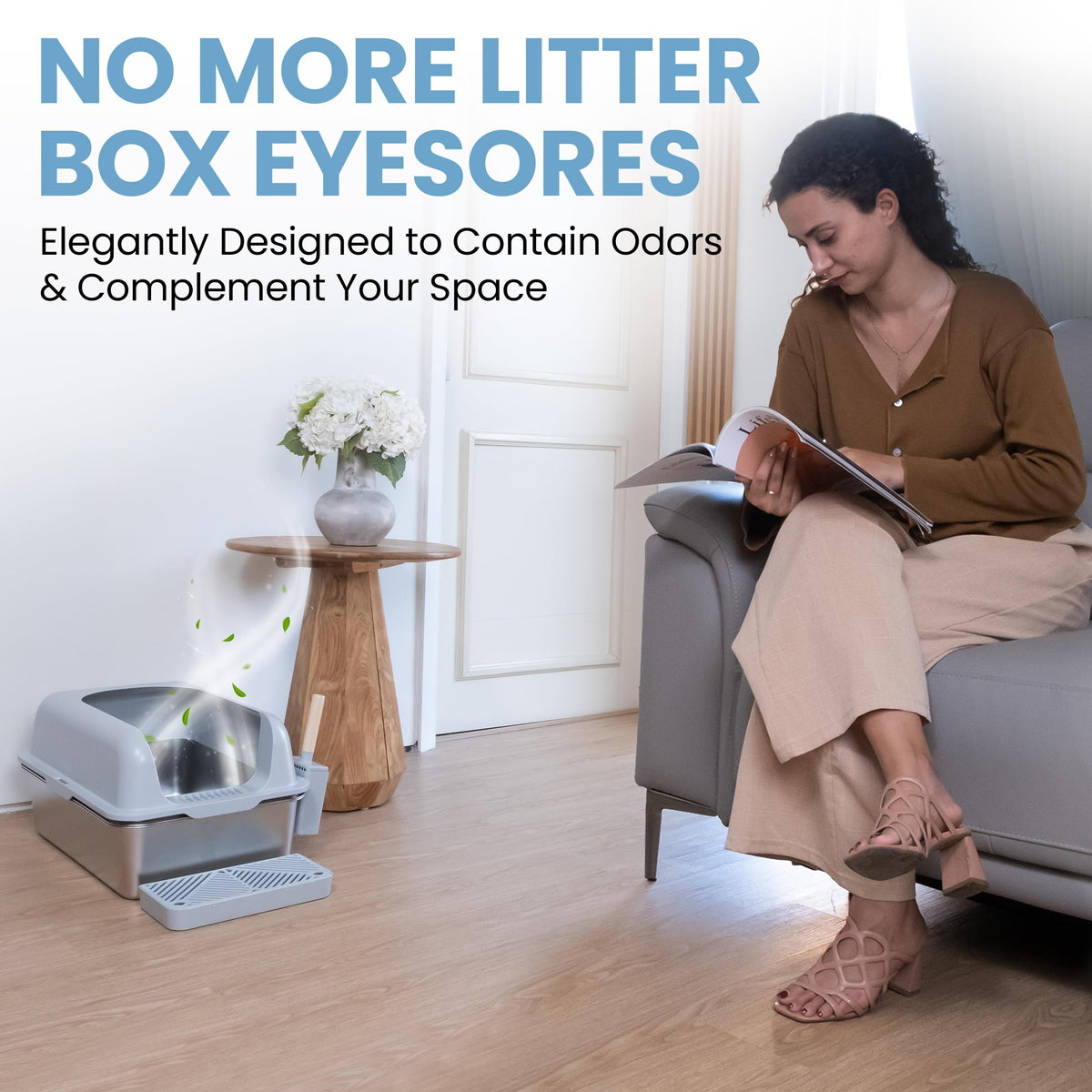 XL Stainless Steel Sifting Cat Litter Box with High Sides D78376
