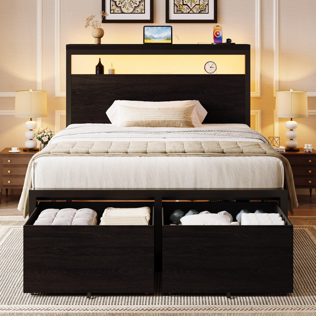 Twin LED Bed Frame with 2 Storage Drawers Y906524