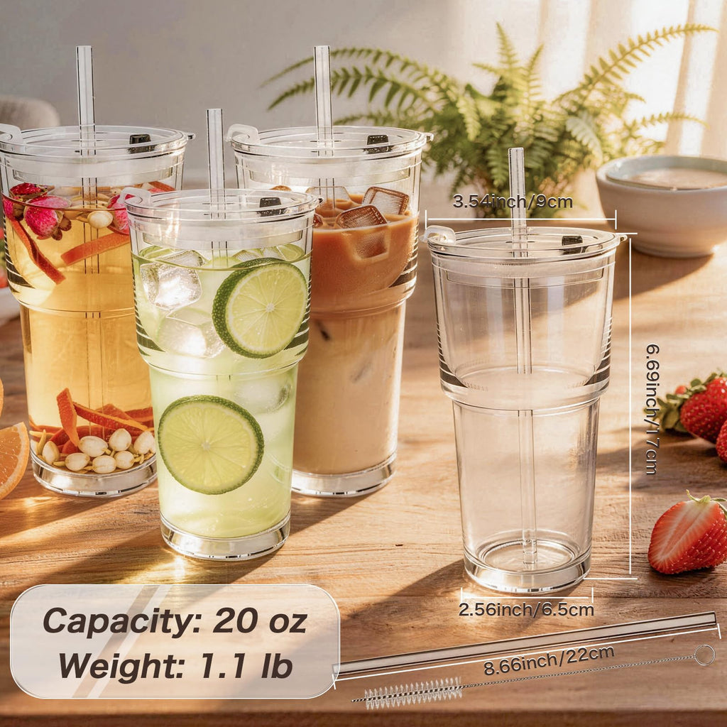 Clear Iced Coffee Cups with Lids 4 Pack 20oz Reusable Glass Cups J22665