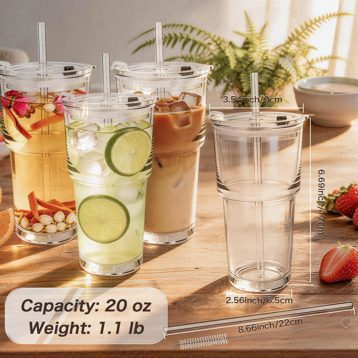 Clear Iced Coffee Cups with Lids 4 Pack 20oz Reusable Glass Cups J22665