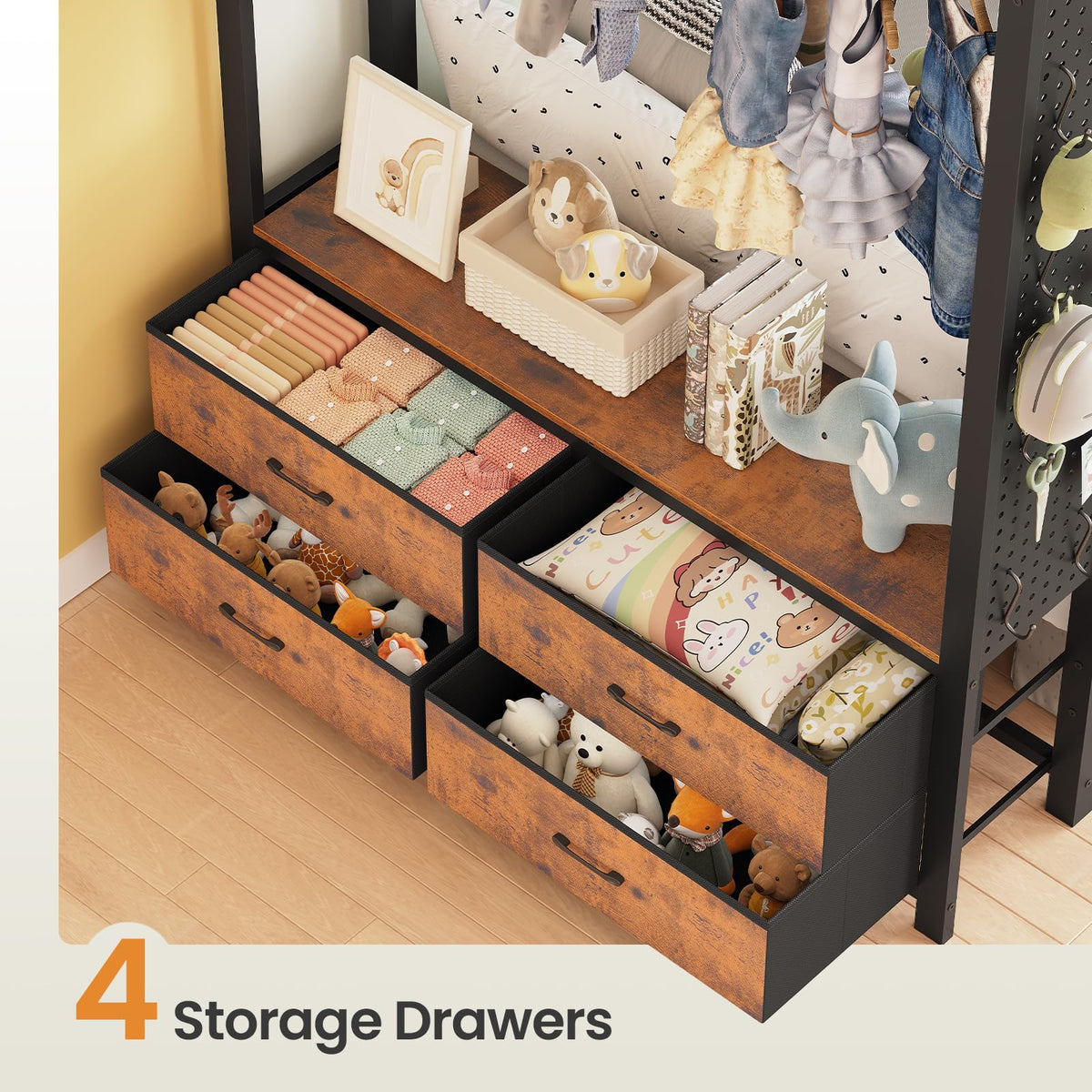 Twin Over Twin Metal Bunk Bed with Hall Tree and 4 Storage Drawers I405377