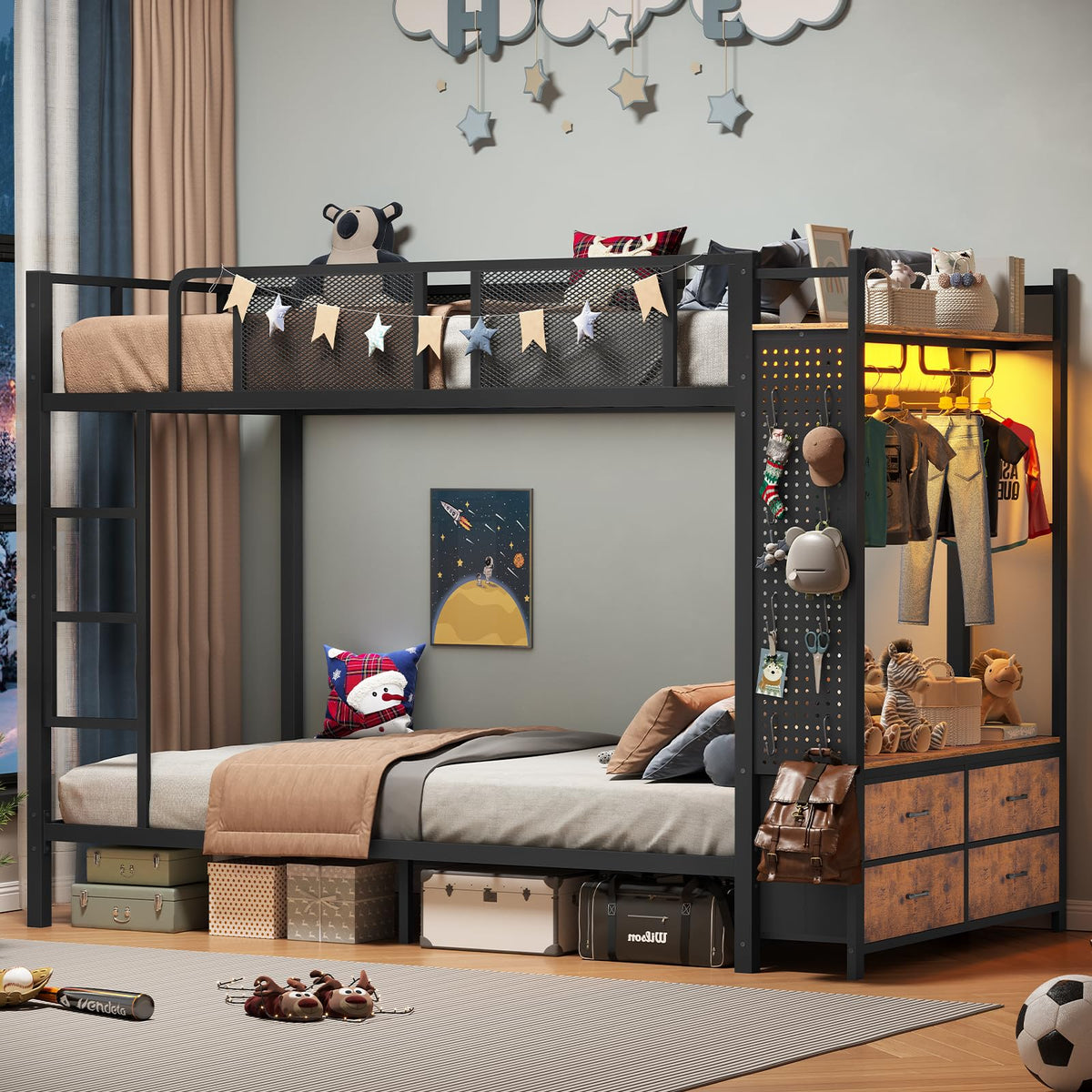 Twin Over Twin Metal Bunk Bed with Hall Tree and 4 Storage Drawers I405377