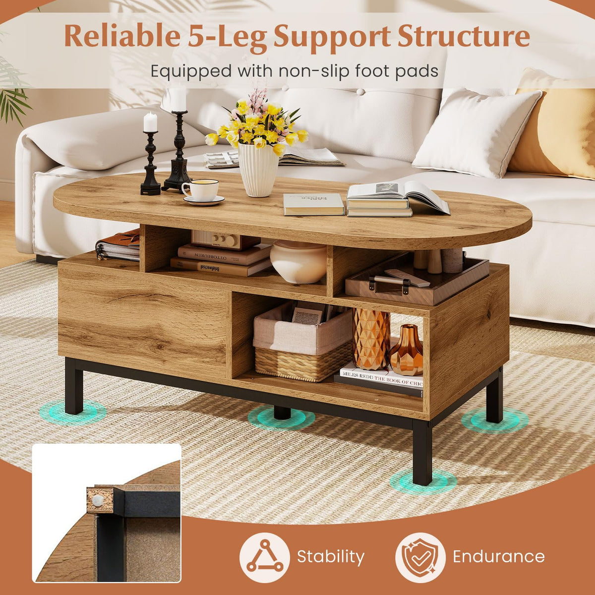 47" Oval Wood Coffee Table with Storage O99049