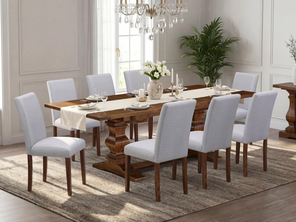 9 Piece Walnut Dining Table Set with 8 Grey Linen Chairs T912