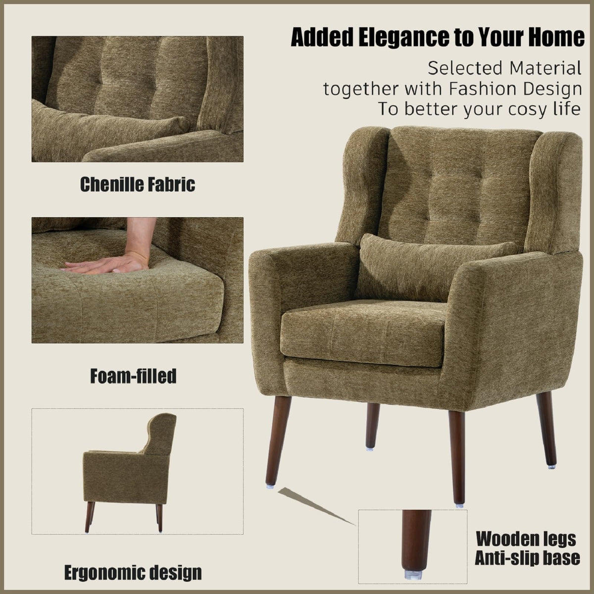 Olive Green Chenille Upholstered Accent Chairs Set of 2 D4426