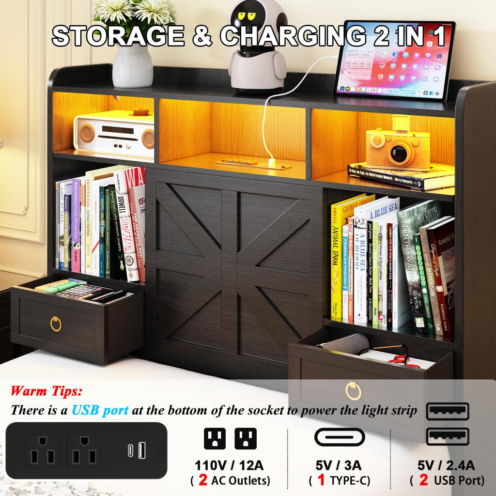 Black Twin Bed Frame with Storage Headboard and Drawers Z721903
