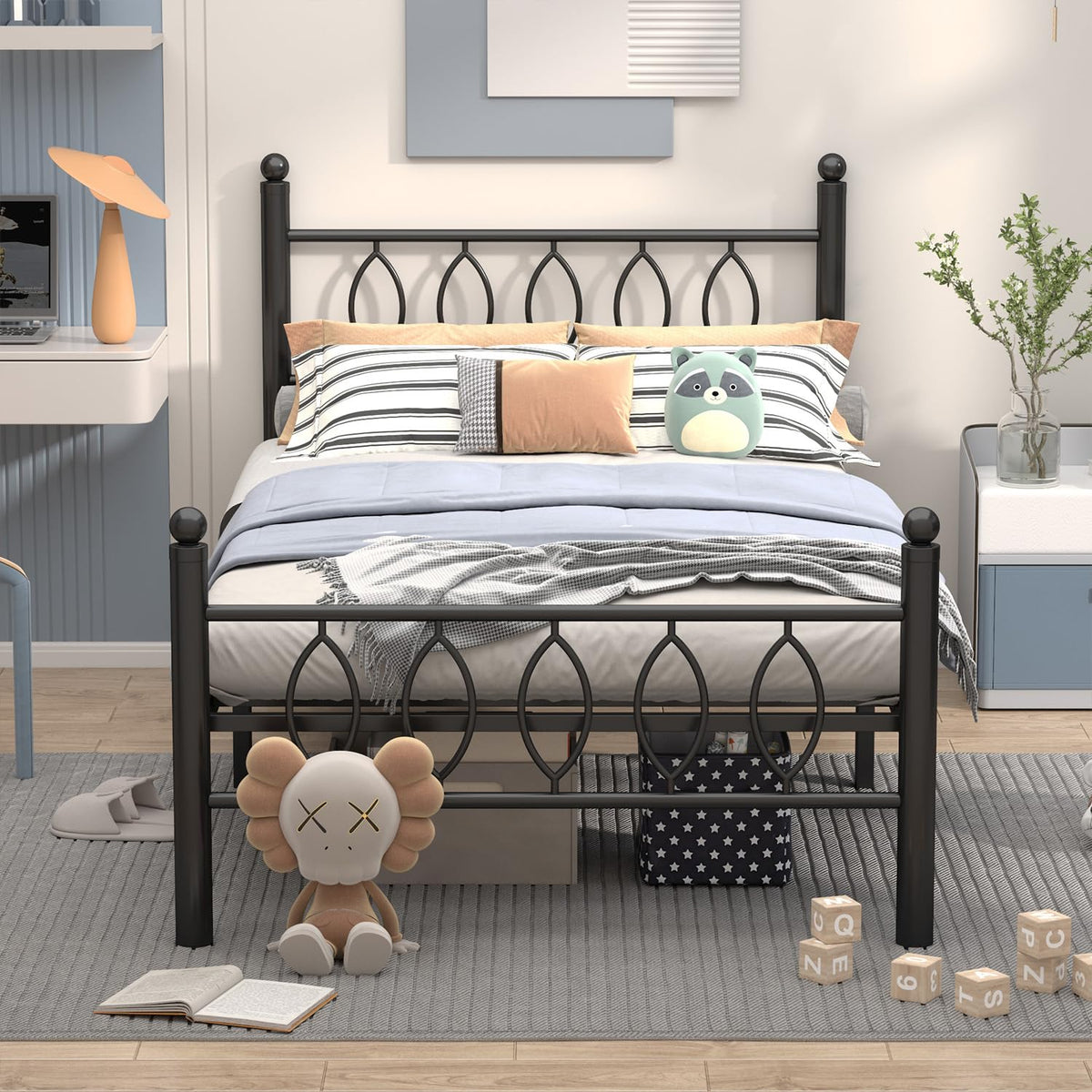 Black 14 Inch Metal Platform Twin Bed Frame with Headboard X91638