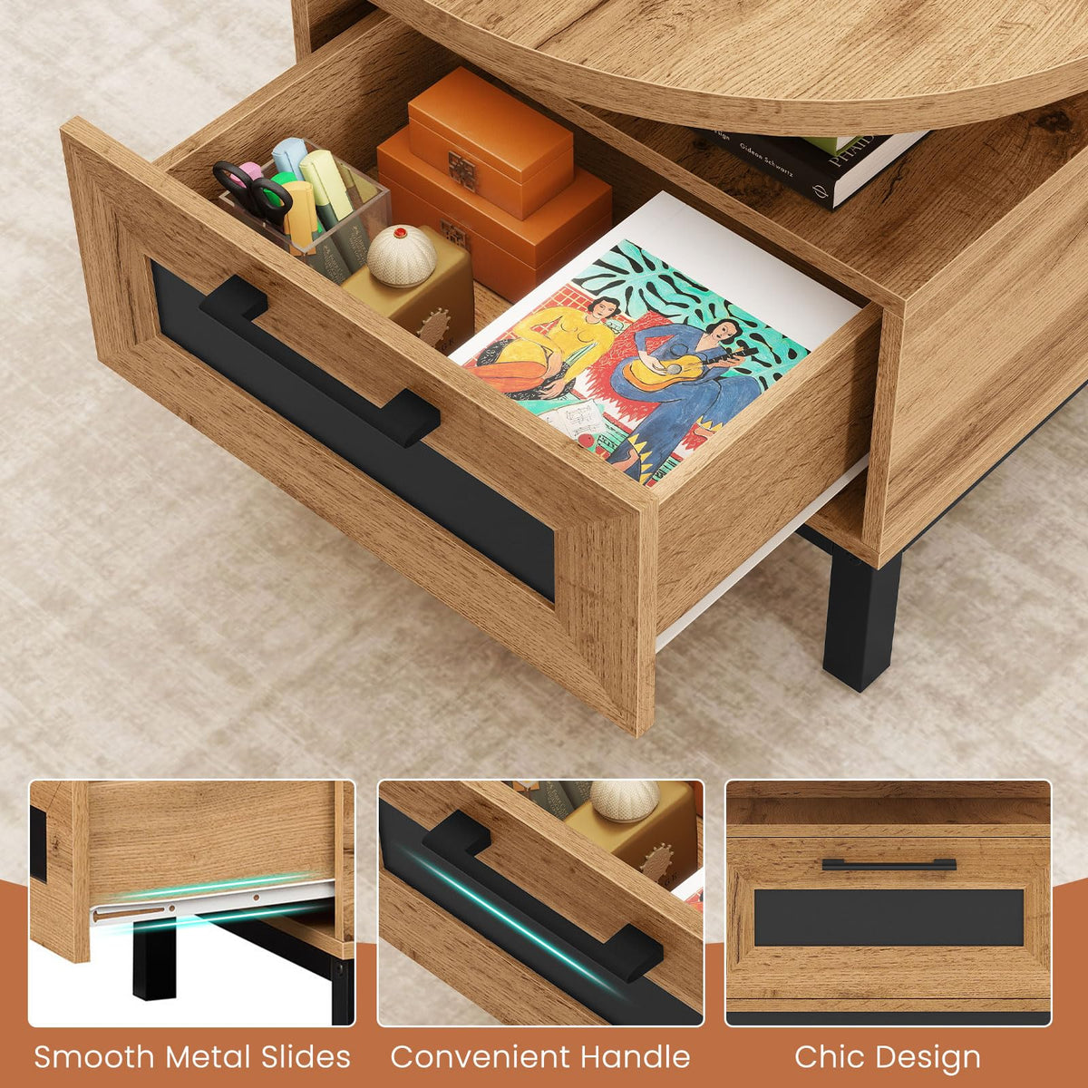 47" Oval Wood Coffee Table with Storage O99049