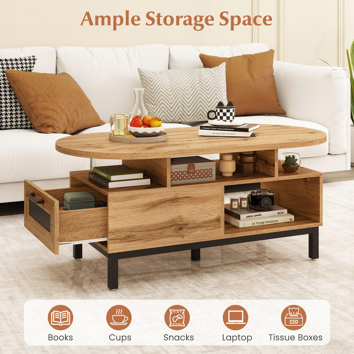 47" Oval Wood Coffee Table with Storage O99049