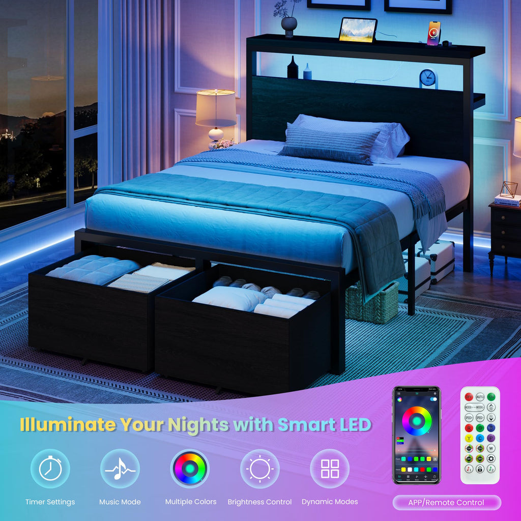 Twin LED Bed Frame with 2 Storage Drawers Y906524