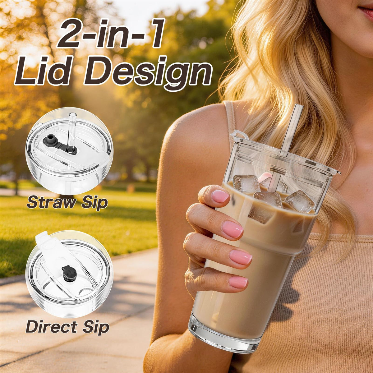 Clear Iced Coffee Cups with Lids 4 Pack 20oz Reusable Glass Cups J22665