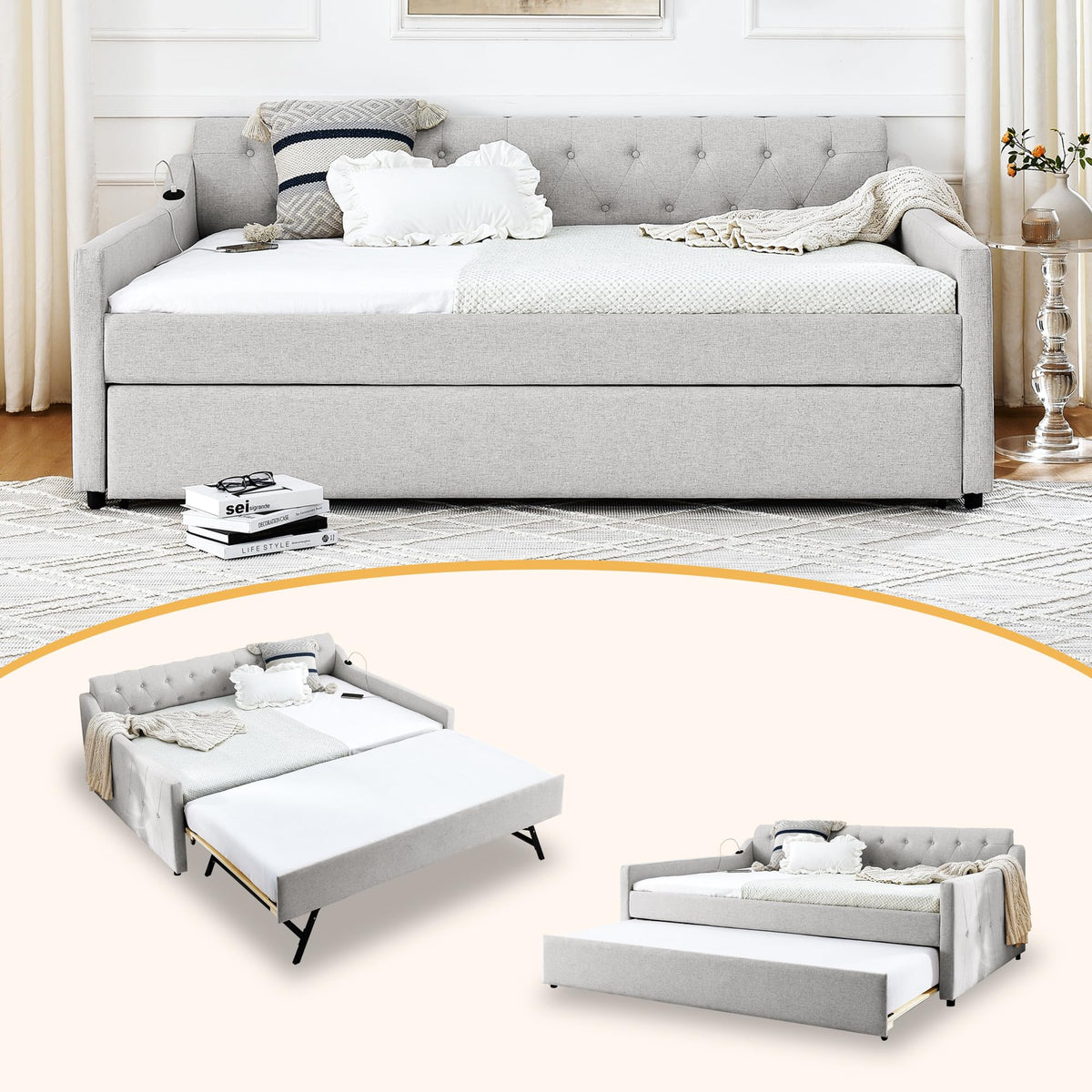 Twin Size Upholstered Daybed with Pop Up Trundle and USB Charging Ports X851843