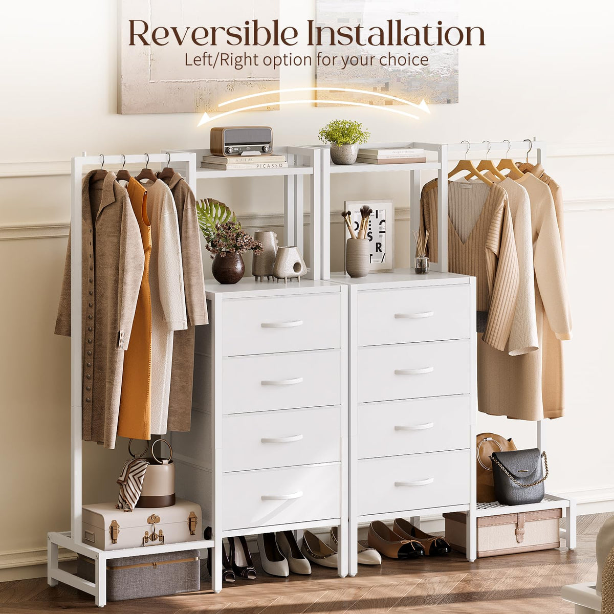 White 4 Drawer Dresser with Hanging Rack C49514