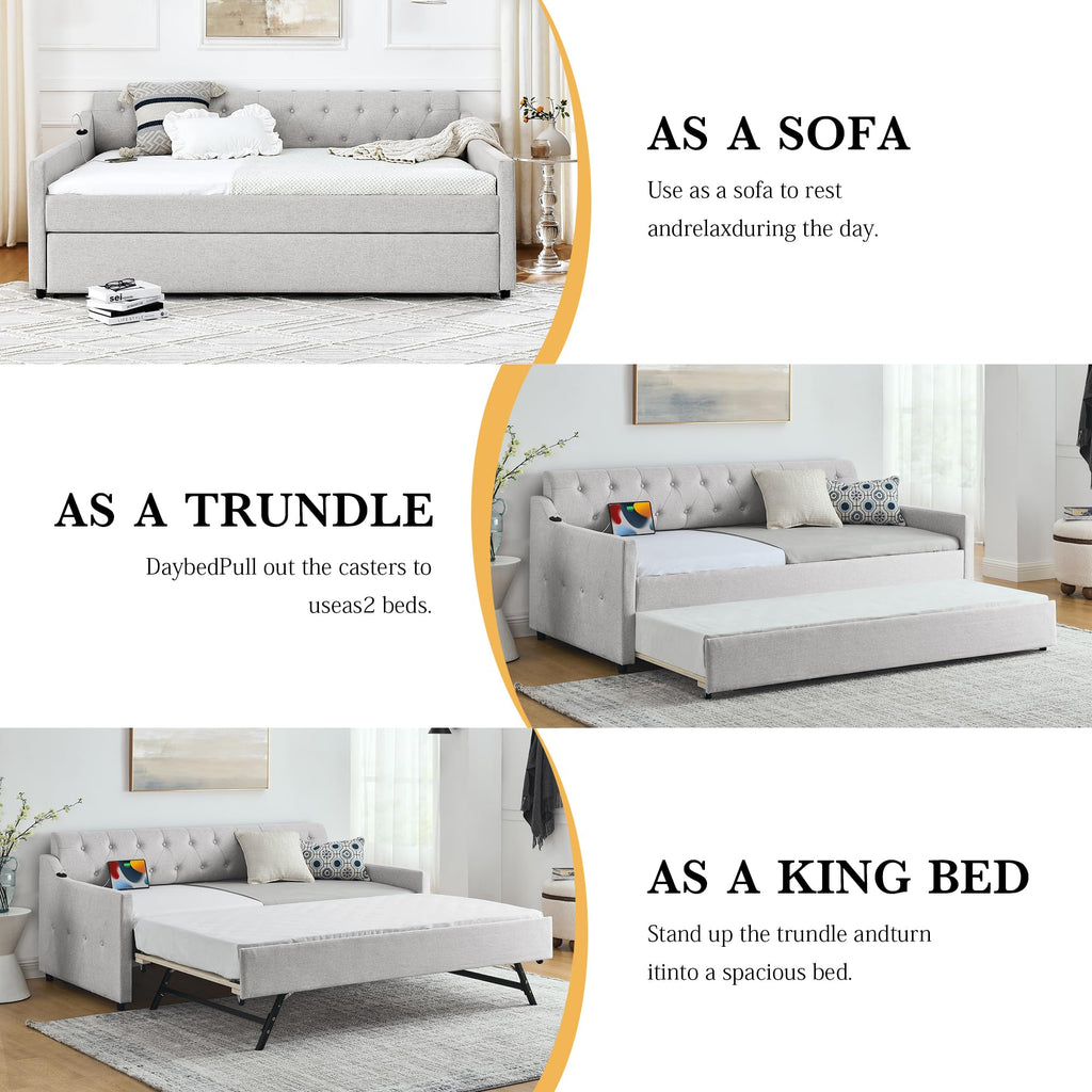 Twin Size Upholstered Daybed with Pop Up Trundle and USB Charging Ports X851843