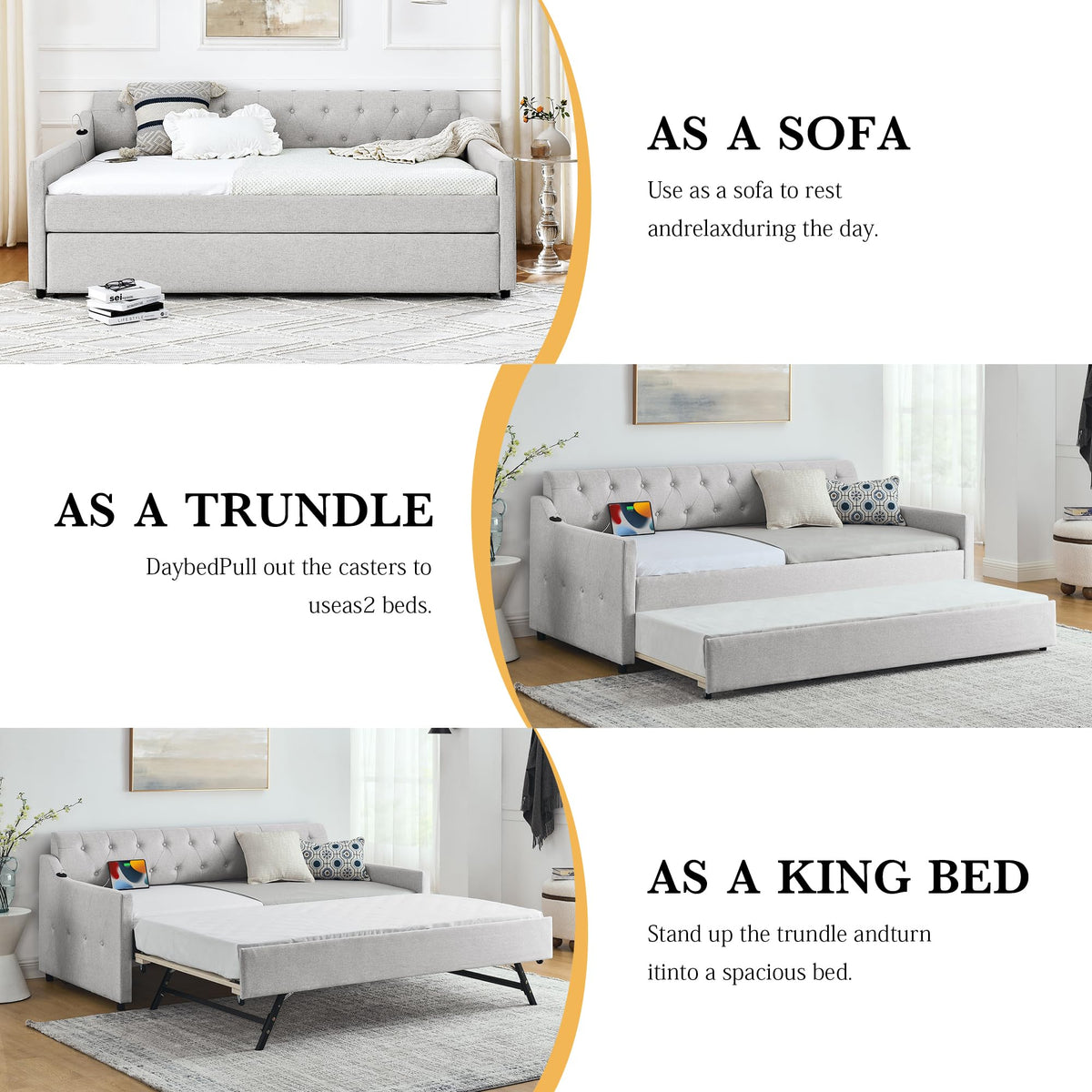 Twin Size Upholstered Daybed with Pop Up Trundle and USB Charging Ports X851843