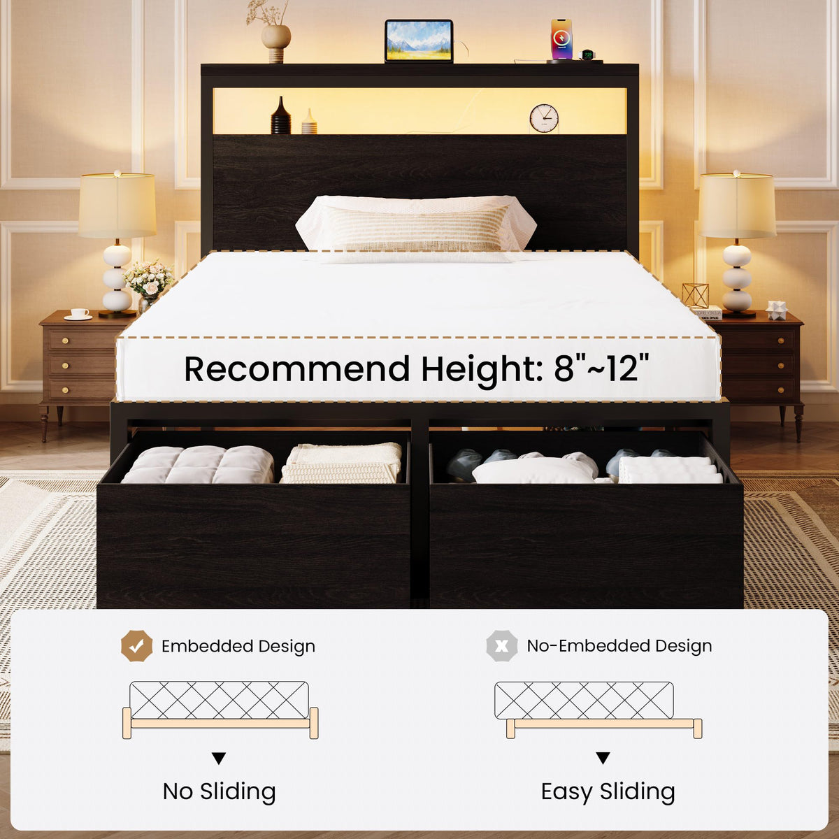 Twin LED Bed Frame with 2 Storage Drawers Y906524