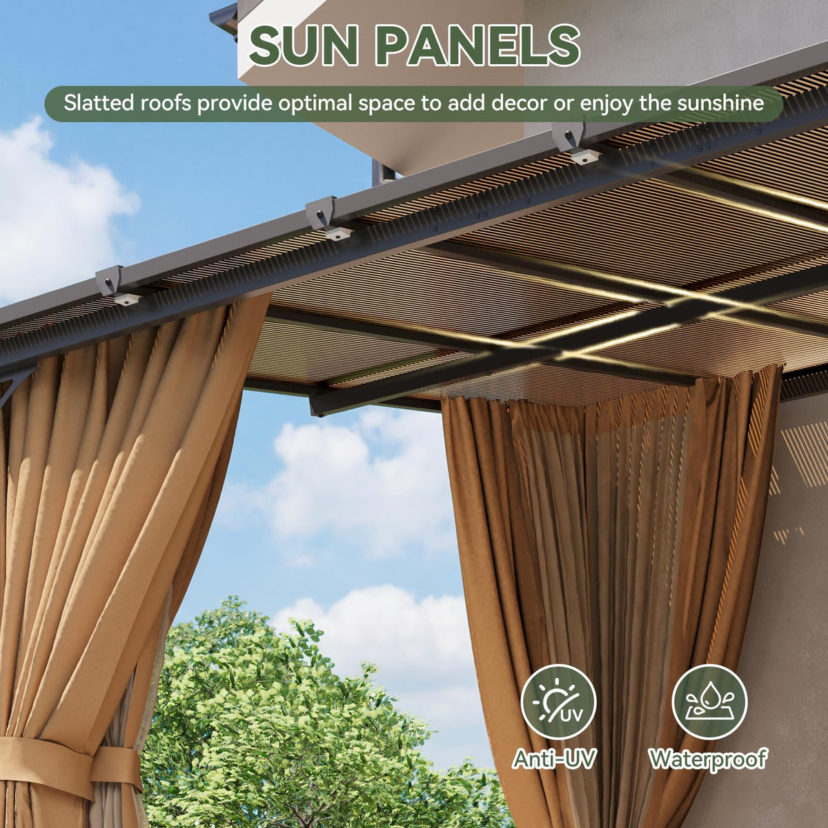 12'x10' Lean to Gazebo with Mosquito Net and Curtains, Brown N39636