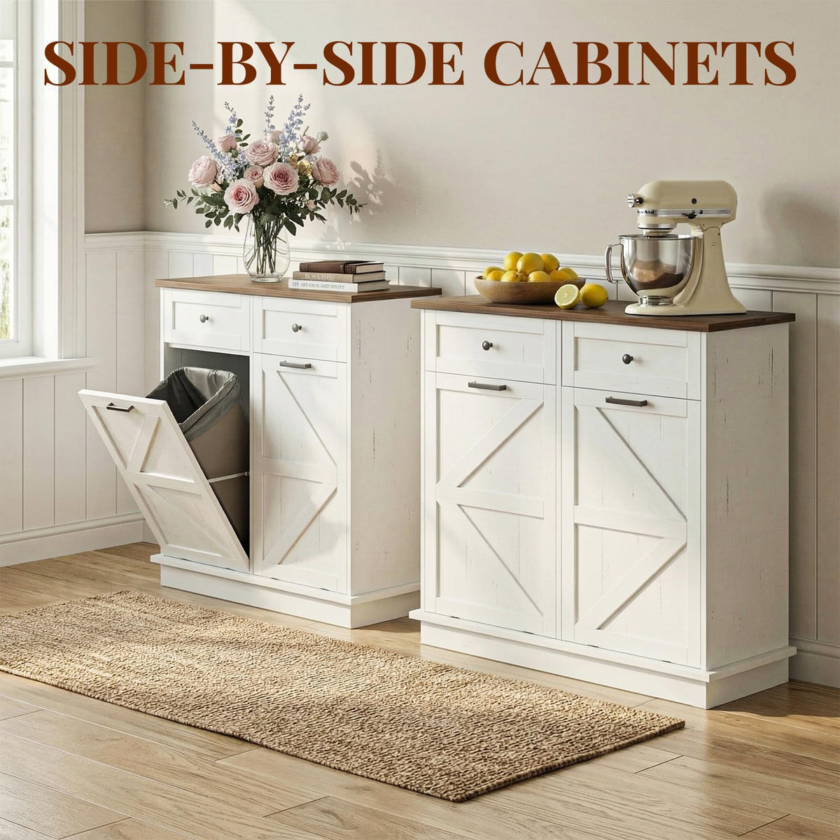 20 Gallon Wooden Tilt Out Trash Can Cabinet with 2 Drawers W7087