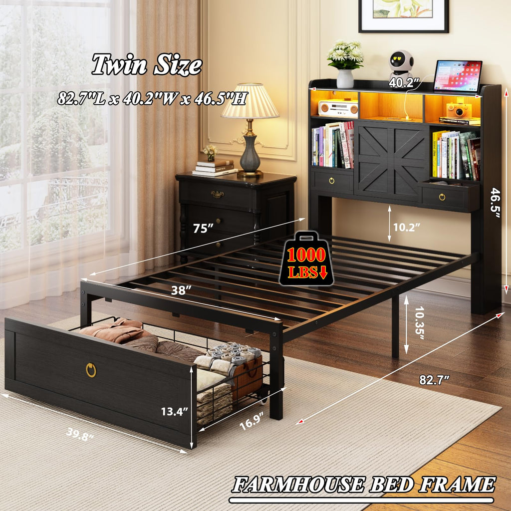 Black Twin Bed Frame with Storage Headboard and Drawers Z721903