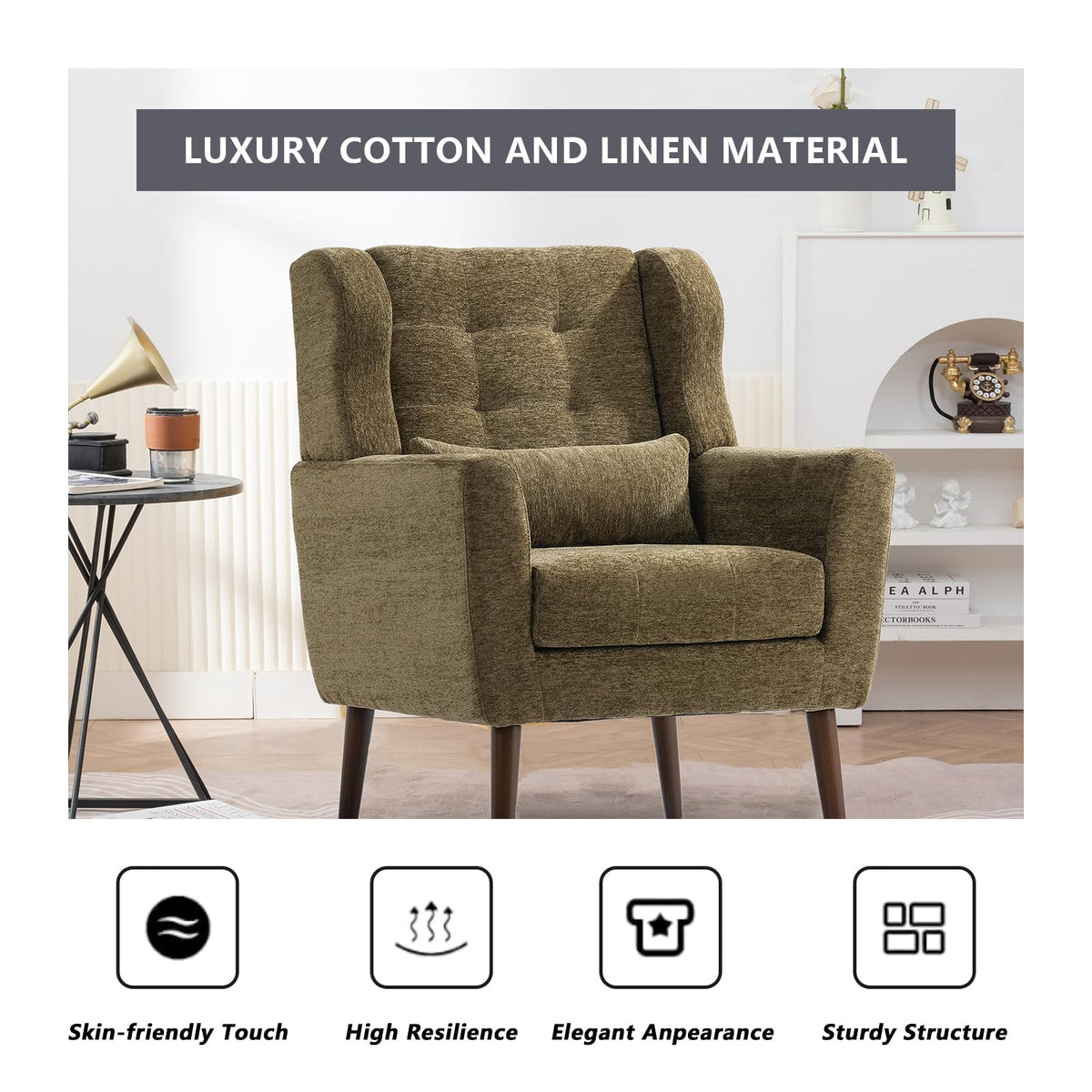 Olive Green Chenille Upholstered Accent Chairs Set of 2 D4426