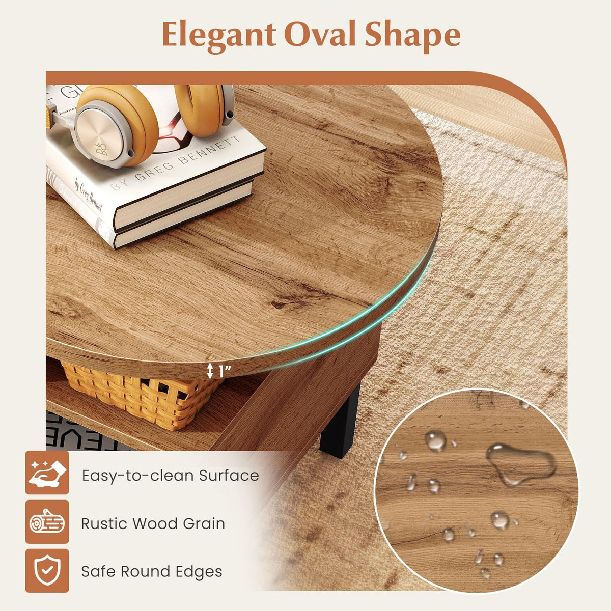 47" Oval Wood Coffee Table with Storage O99049