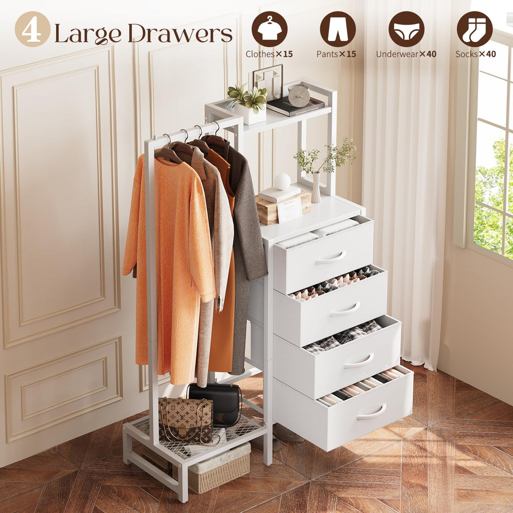 White 4 Drawer Dresser with Hanging Rack C49514