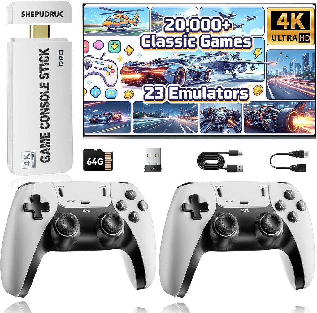 Wireless Retro Gaming Console Stick, 23 Built-In Emulators, 20,000+ Games, 4K HDMI Output, Dual 2.4G Wireless Controllers, 64GB J1854