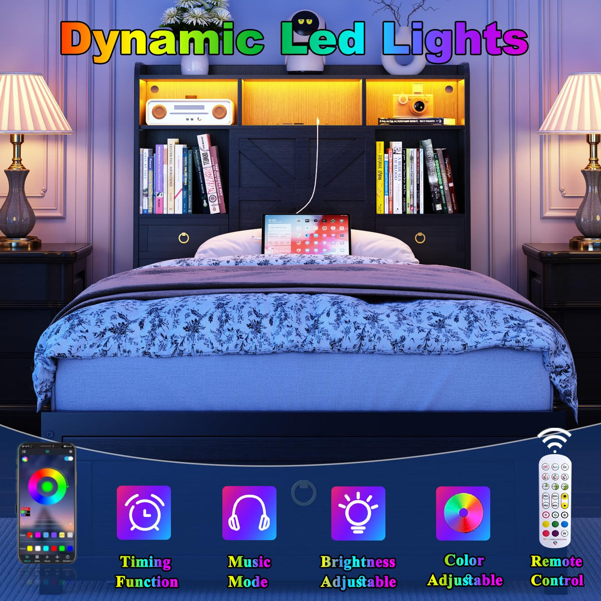 Black Twin Bed Frame with Storage Headboard and Drawers Z721903