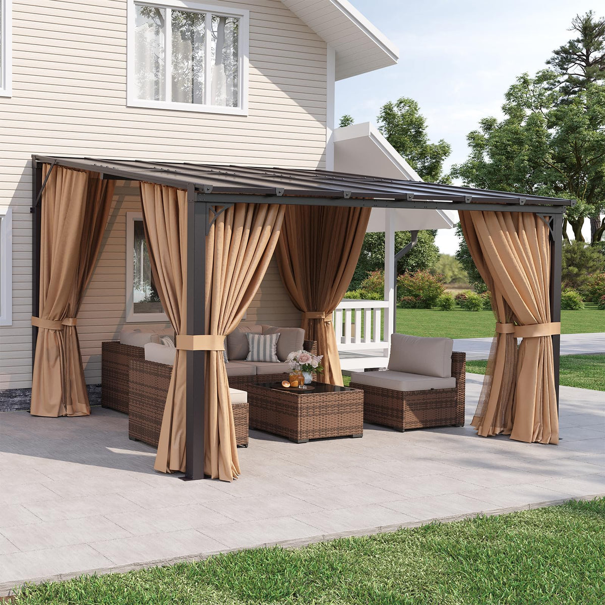12'x10' Lean to Gazebo with Mosquito Net and Curtains, Brown N39636