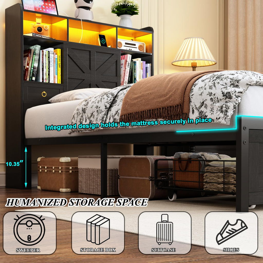 Black Twin Bed Frame with Storage Headboard and Drawers Z721903