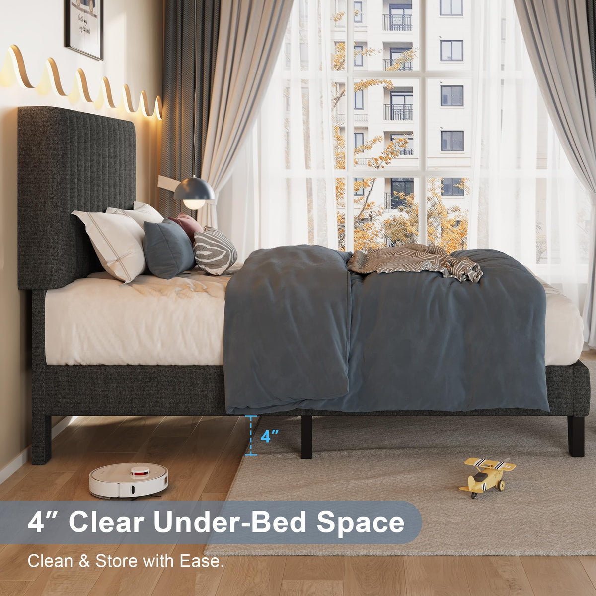 Twin Size Upholstered Linen Platform Bed Frame with Headboard J632518