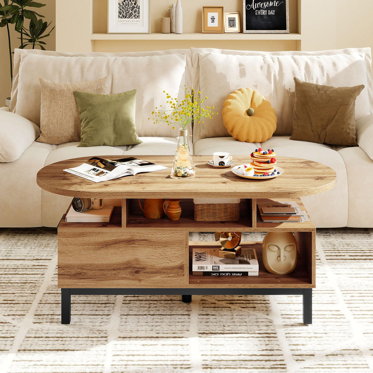 47" Oval Wood Coffee Table with Storage O99049