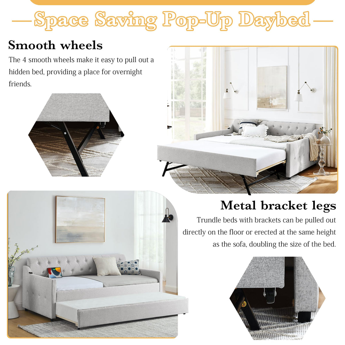 Twin Size Upholstered Daybed with Pop Up Trundle and USB Charging Ports X851843