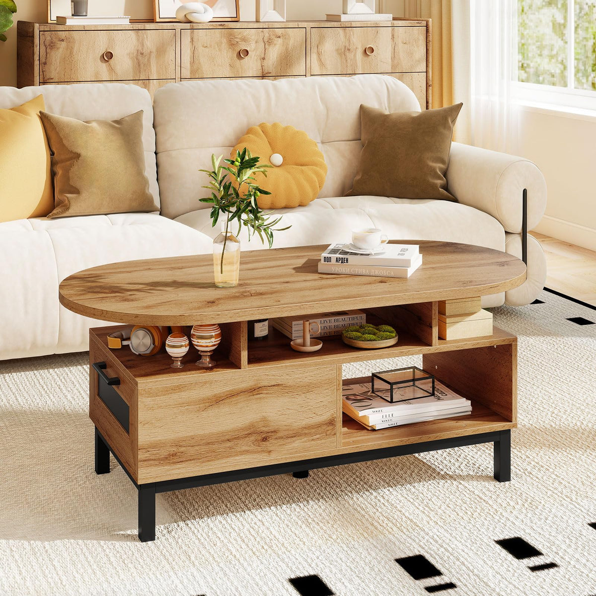 47" Oval Wood Coffee Table with Storage O99049