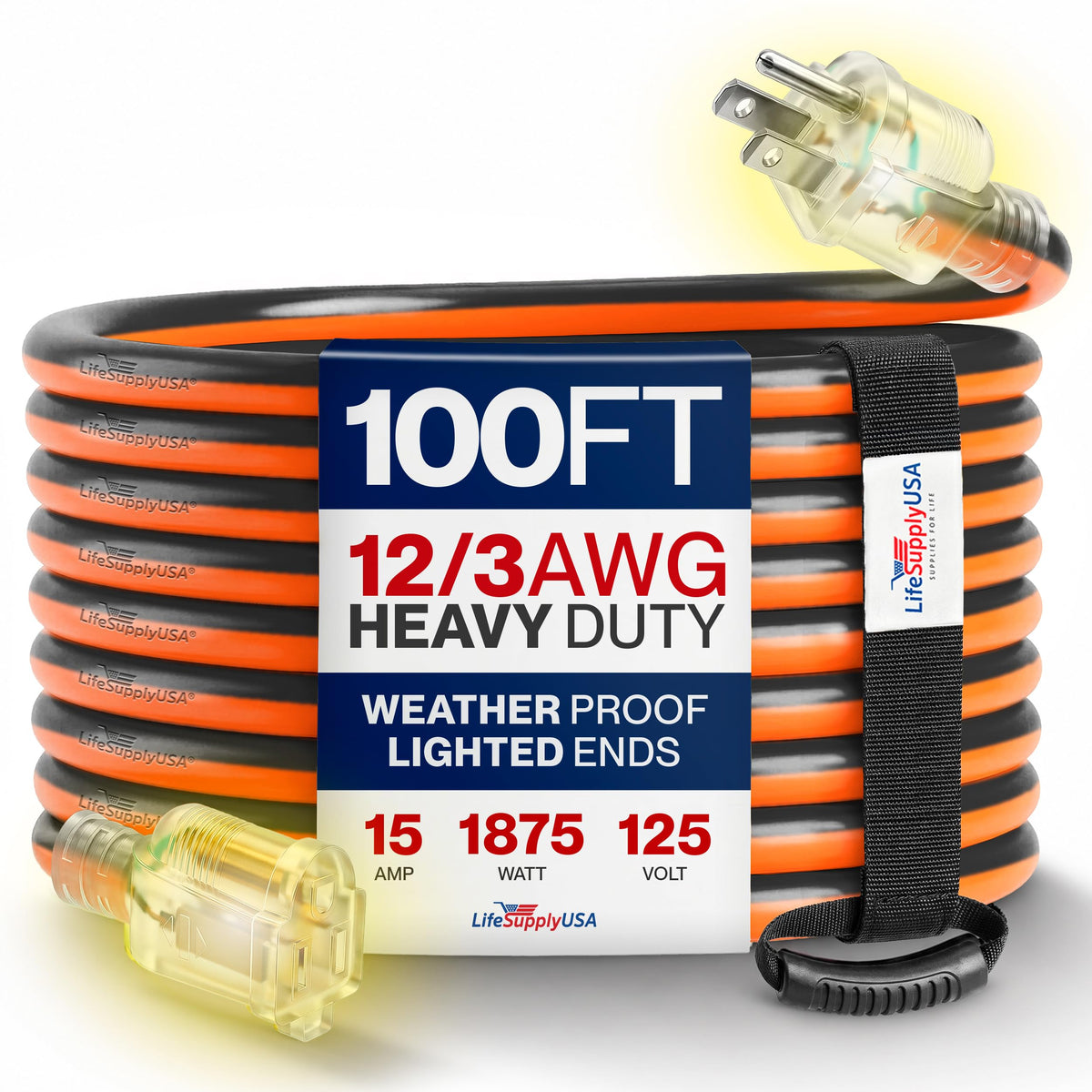 100ft 12/3 Gauge Heavy Duty Extension Cord, Waterproof, 15A 125V, Orange and Black P7668