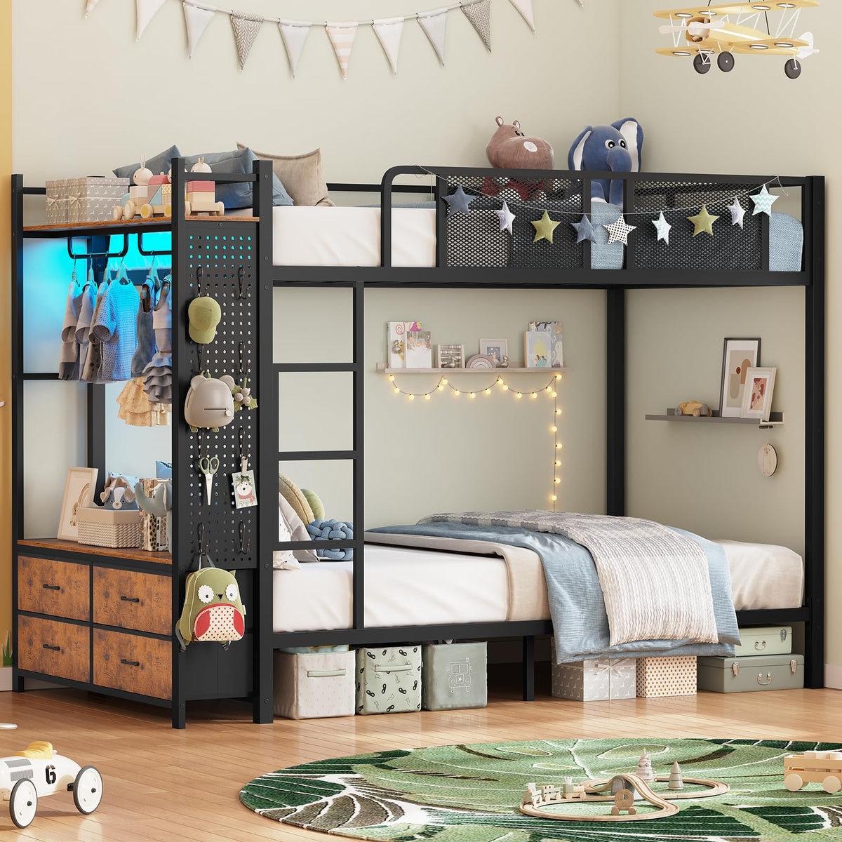Twin Over Twin Metal Bunk Bed with Hall Tree and 4 Storage Drawers I405377