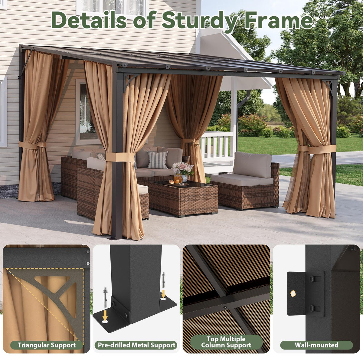 12'x10' Lean to Gazebo with Mosquito Net and Curtains, Brown N39636