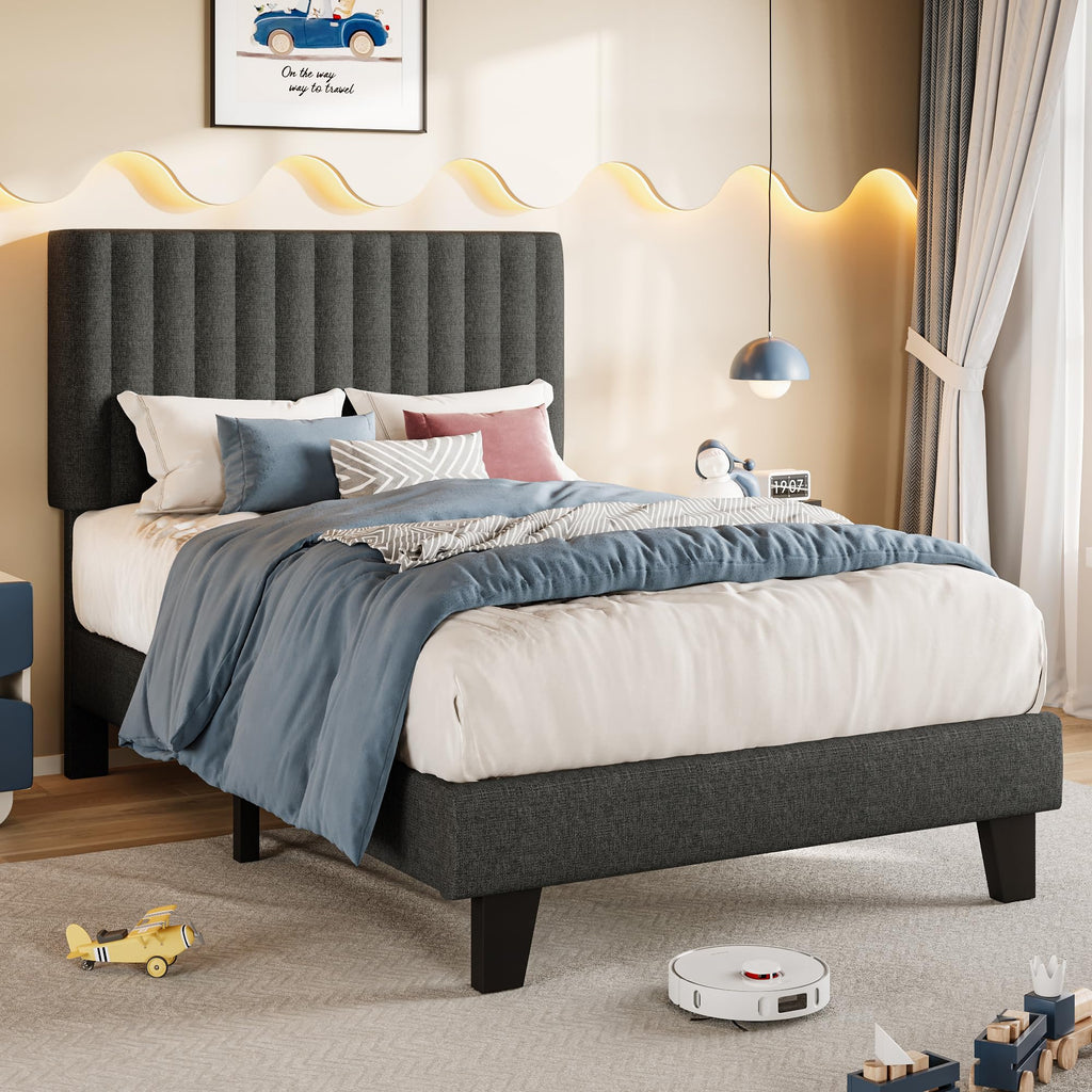 Twin Size Upholstered Linen Platform Bed Frame with Headboard J632518