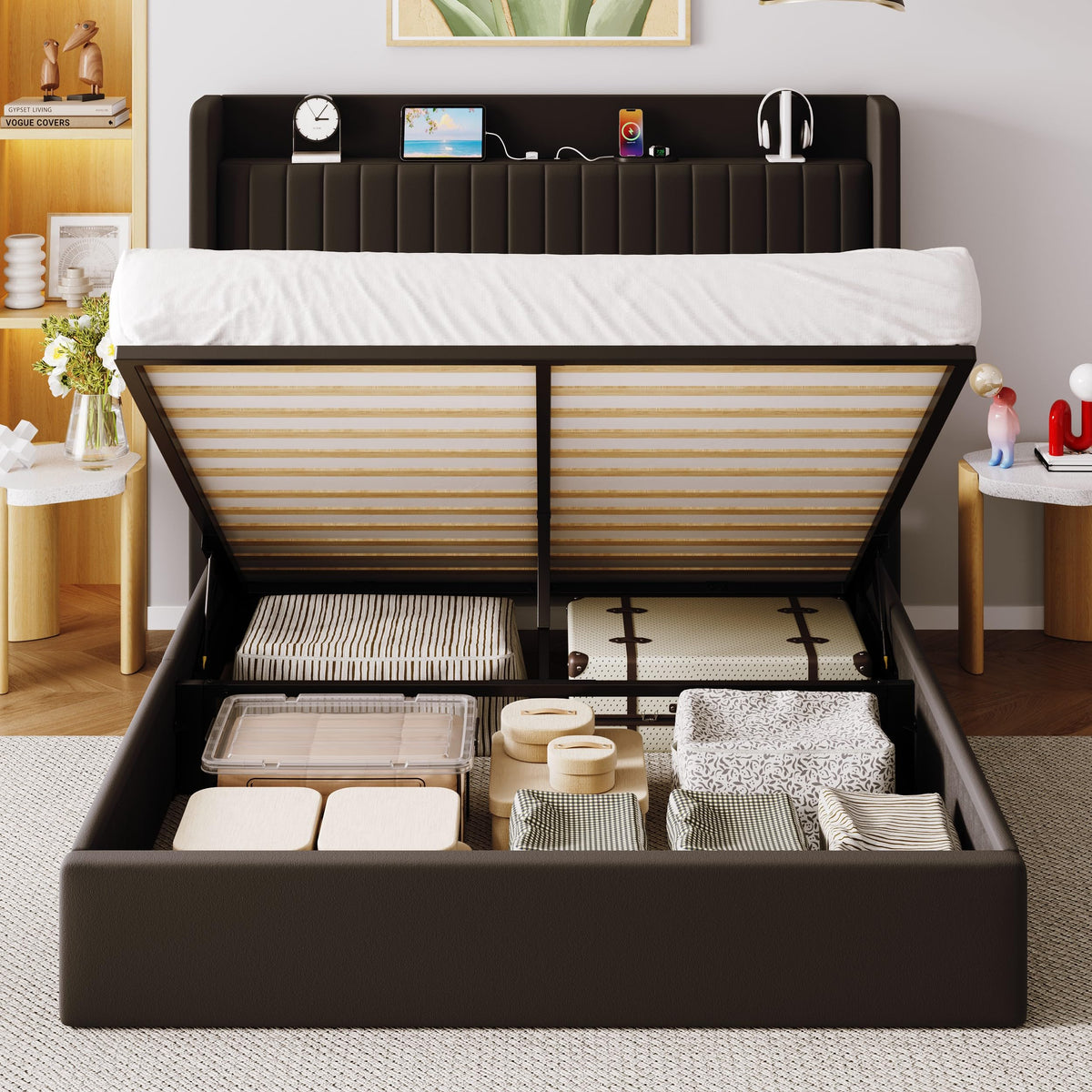 Full Lift Up Storage Hydraulic Bed Frame Black P6468