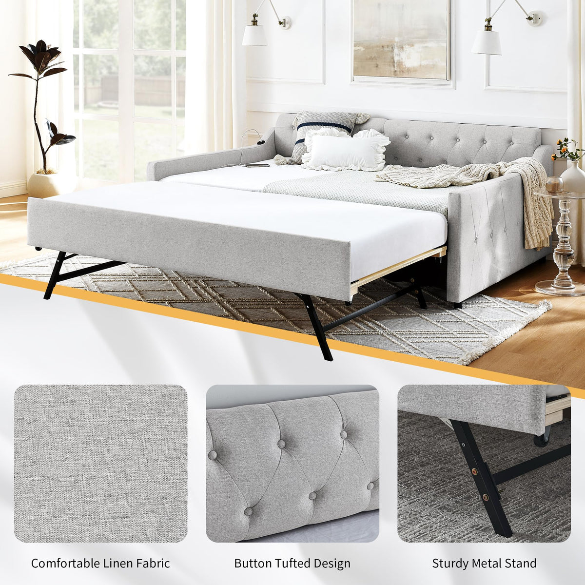 Twin Size Upholstered Daybed with Pop Up Trundle and USB Charging Ports X851843