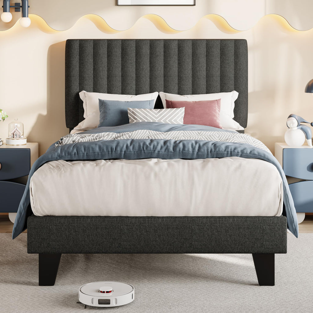 Twin Size Upholstered Linen Platform Bed Frame with Headboard J632518