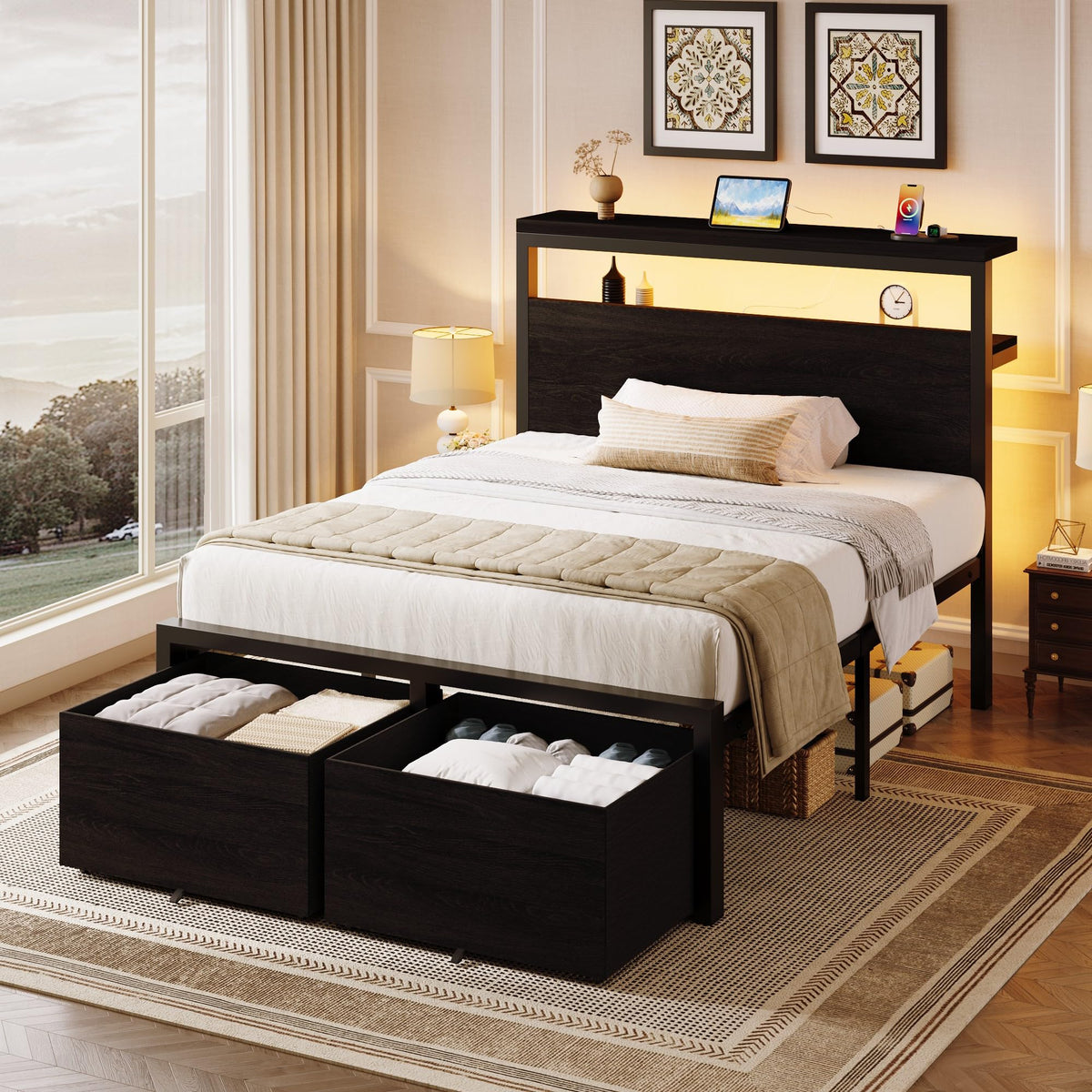 Twin LED Bed Frame with 2 Storage Drawers Y906524