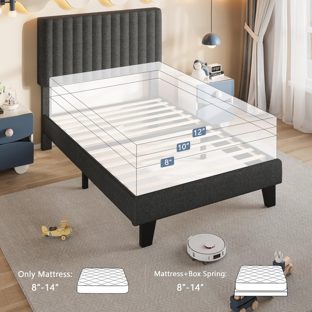 Twin Size Upholstered Linen Platform Bed Frame with Headboard J632518