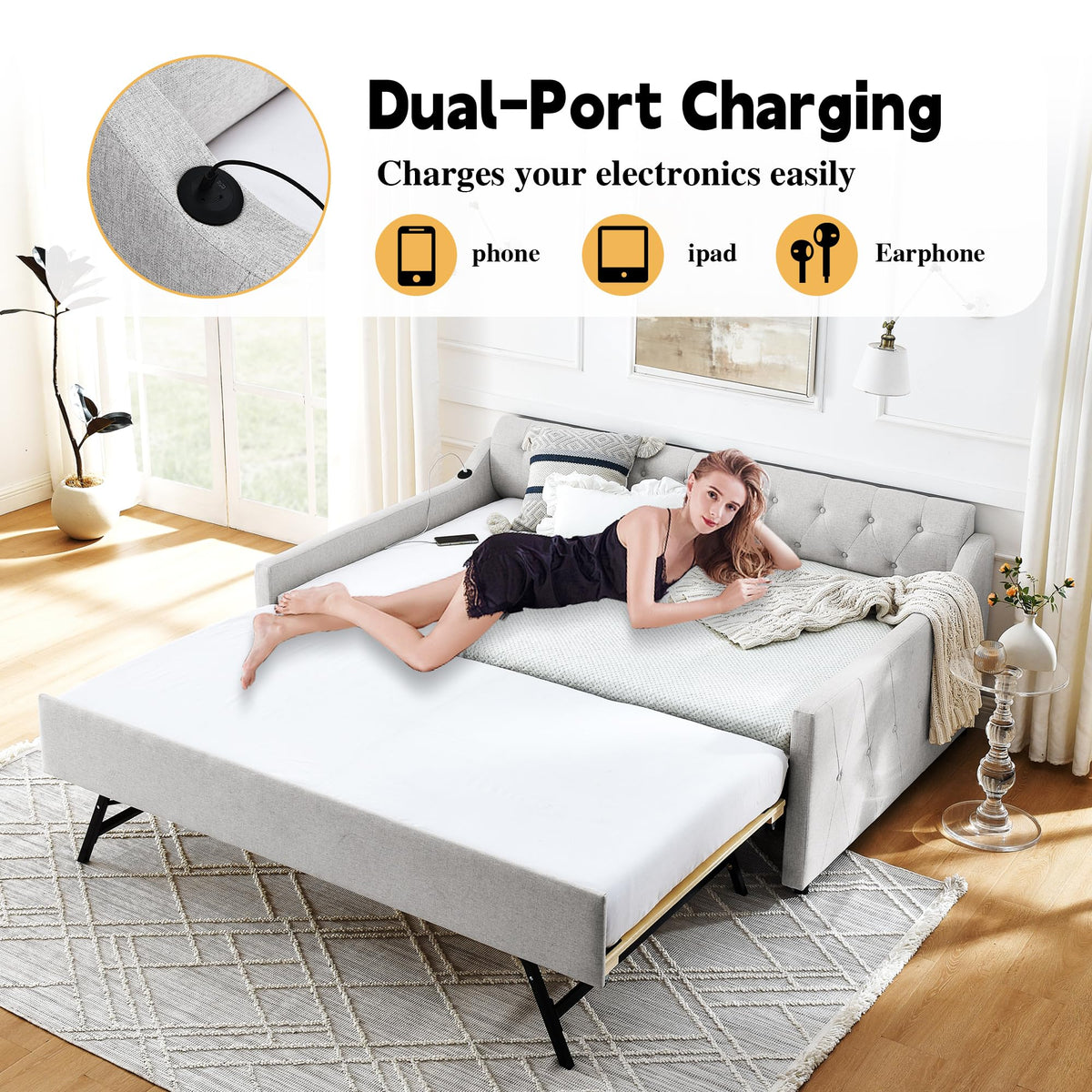 Twin Size Upholstered Daybed with Pop Up Trundle and USB Charging Ports X851843